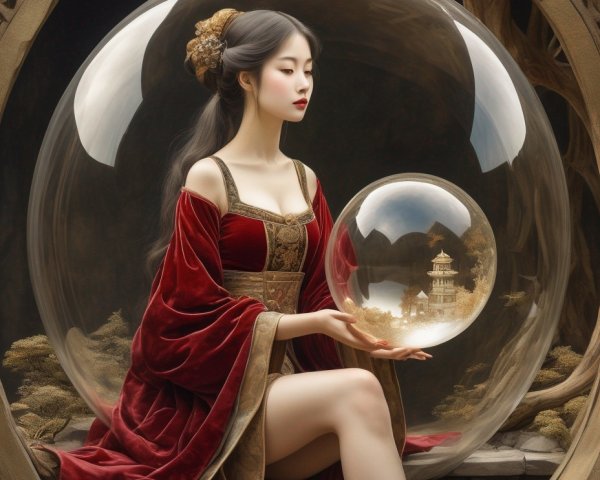Woman in Red Dress with Pagoda Sphere and Moons