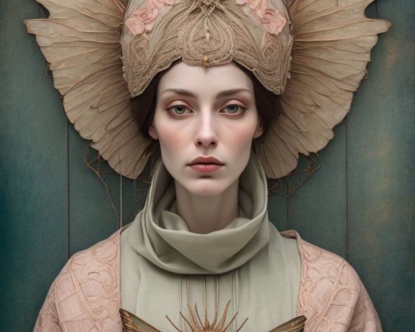 Fair-skinned person with ornate headpiece on teal background with moth brooch