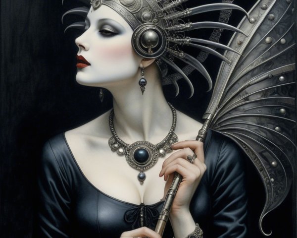 Elegant Woman in Black Gown with Silver Jewelry