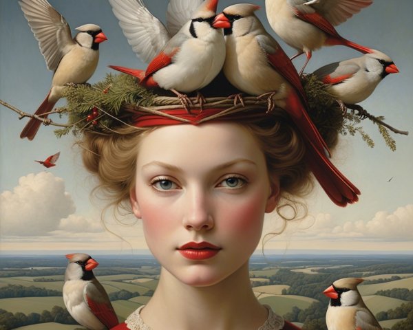 Serene Woman with Birds in Tranquil Landscape