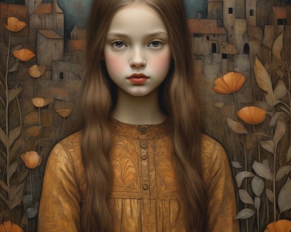 Young girl with long brown hair in vintage dress, moonlit old town background