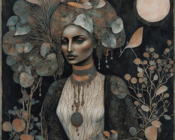 Mystical Woman Surrounded by Stylized Foliage and Moon