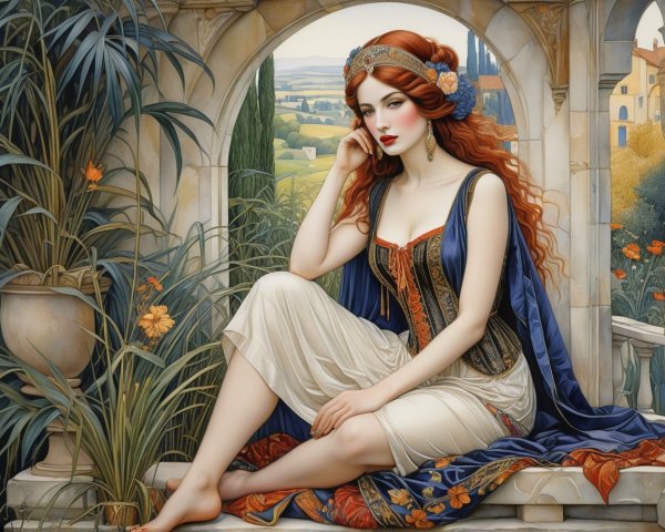 Woman in Garden with Stone Arches and Vibrant Flowers