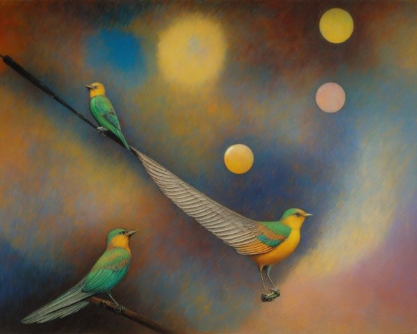 Vibrant Birds on Feather with Colorful Background