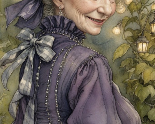 Charming Elderly Woman in Elegant Purple Dress