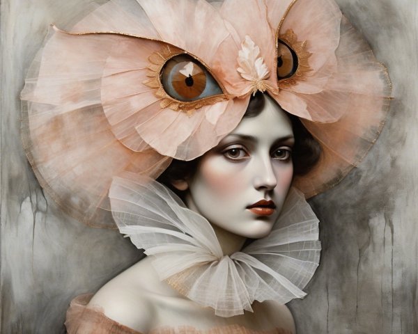 Surreal Portrait of Woman with Owl Headpiece