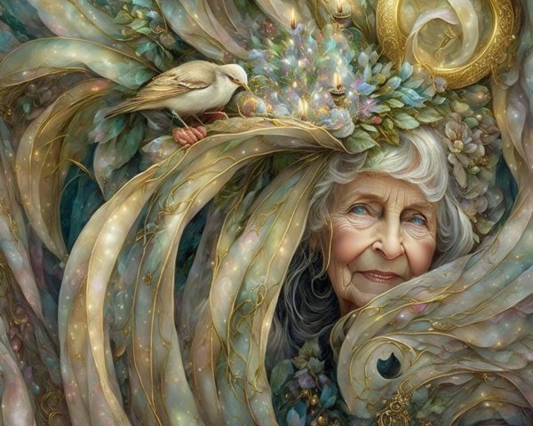 Elderly Woman Surrounded by Nature and Ornate Swirls