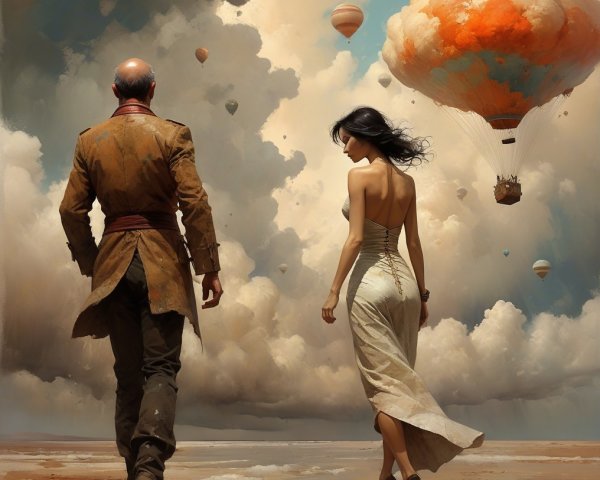 Surreal Landscape with Vintage Attire and Hot Air Balloons