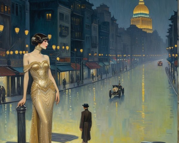Glamorous Evening with Art Deco Architecture and Vintage Car