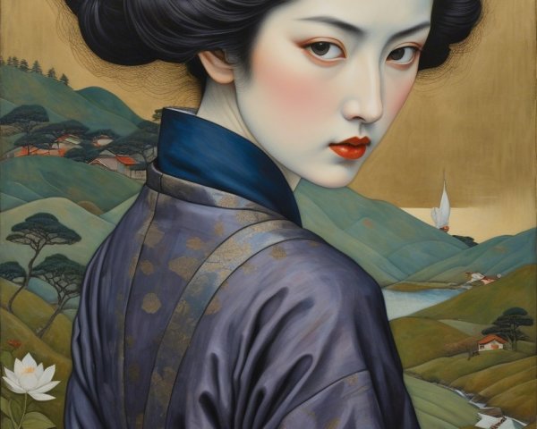 Woman in Traditional Attire with Lotus Flower and Landscape