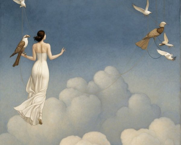 Woman in White Dress Surrounded by Clouds and Birds