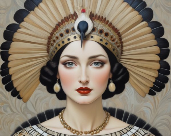 Woman with elegant makeup and intricate gold headdress and pearl accessories.