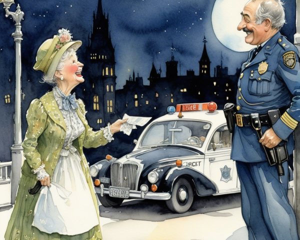 Whimsical Night Scene with Elderly Lady and Officer