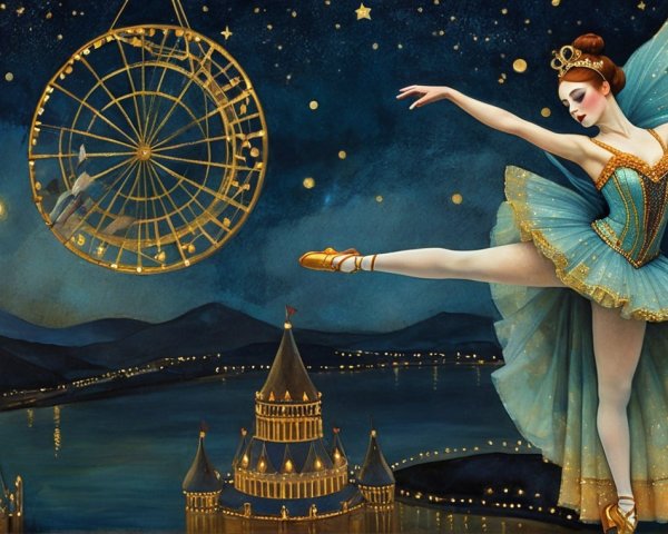 Ballerina in Turquoise Tutu Against Starry Night Sky