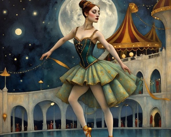 Ballerina in Teal Tutu Against Moonlit Backdrop