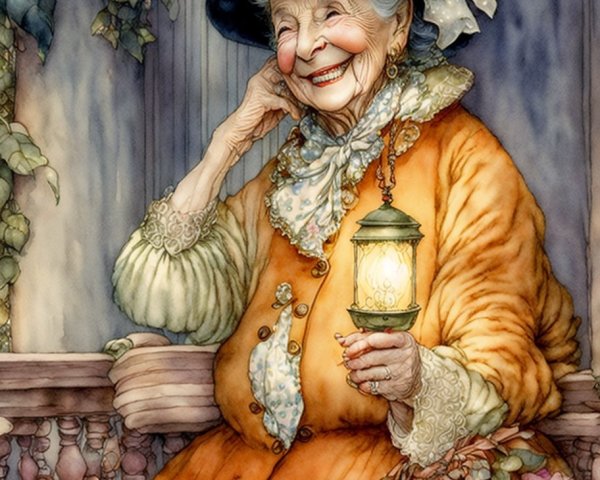 Elderly Woman in Orange Coat on a Flowered Porch