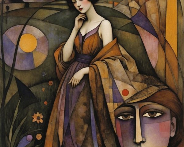 Woman in Flowing Dress Amidst Stylized Landscapes