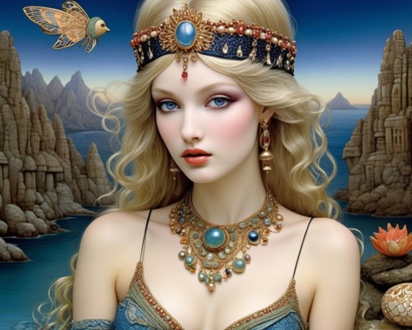 Fantasy Scene of an Ethereal Woman in a Serene Landscape