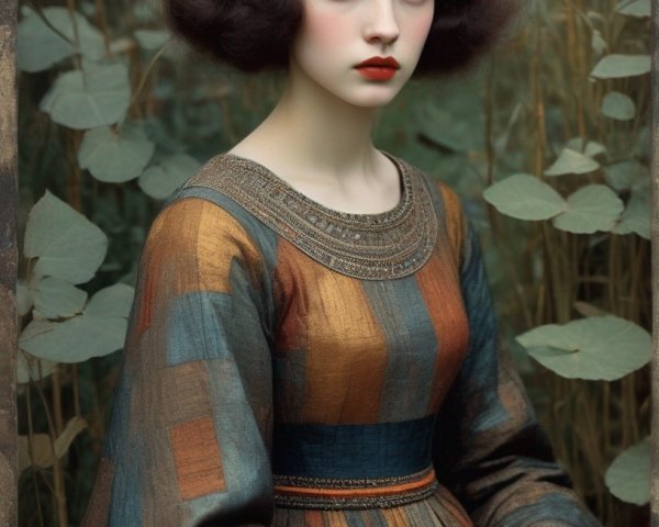 Woman portrait with pale skin, dark wavy hair, vintage dress, surrounded by green foliage and orange