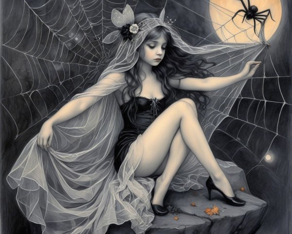 Mysterious Figure in Black Dress Under Luminous Moon