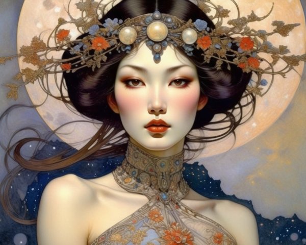 Illustrated Ethereal Female Figure with Floral Motif