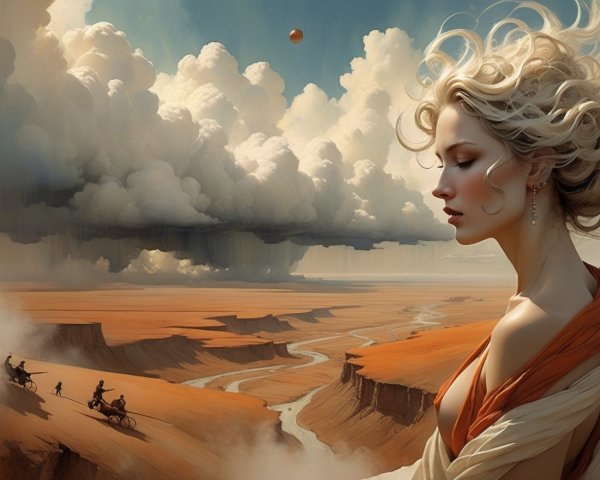 Woman Contemplating Desert Landscape with Cliffs and Rivers