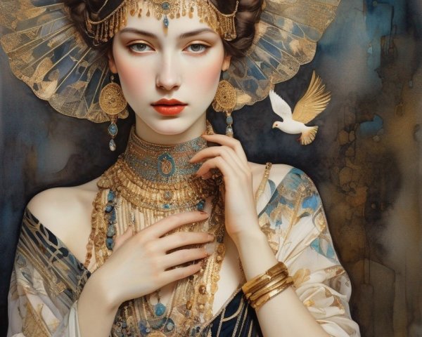 Elegant woman in golden jewelry and headdress with doves on blue backdrop