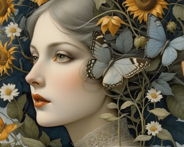Serene Woman Surrounded by Sunflowers and Butterflies