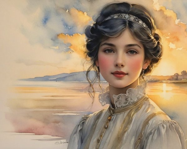 Young girl in vintage outfit against sunset backdrop