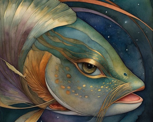 Stylized fish with shimmering scales in starry backdrop