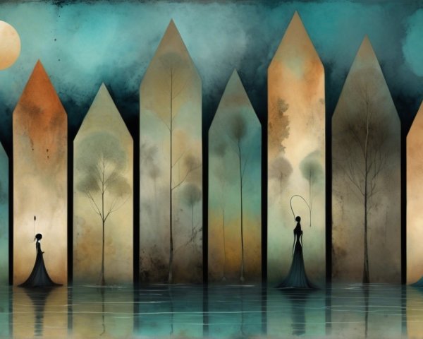 Surreal Landscape with Elegant Figures and Stylized Trees