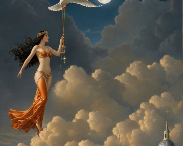 Mythical Figure Above Cityscape with White Bird