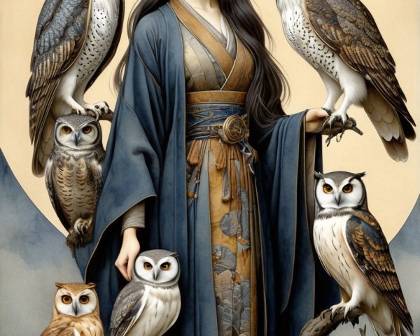 Serene Woman in Traditional Attire with Owls and Moon