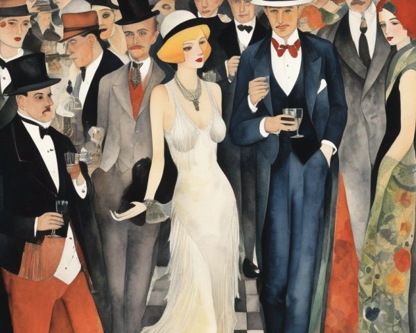 1920s Ballroom Scene with Elegant Attire and Atmosphere