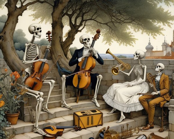 Skeletons Playing Instruments in Serene Outdoor Scene