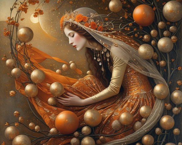 Serene figure in orange gown amidst golden branches