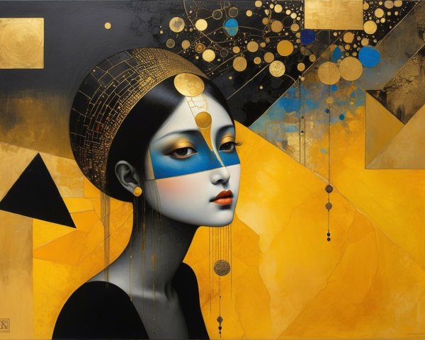 Serene Female Figure with Blue Mask and Gold Background