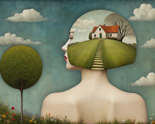 Surreal Landscape Inside Woman's Profile with Nature Elements
