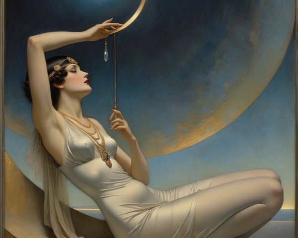 Elegant Woman on Crescent Moon in Serene Sky