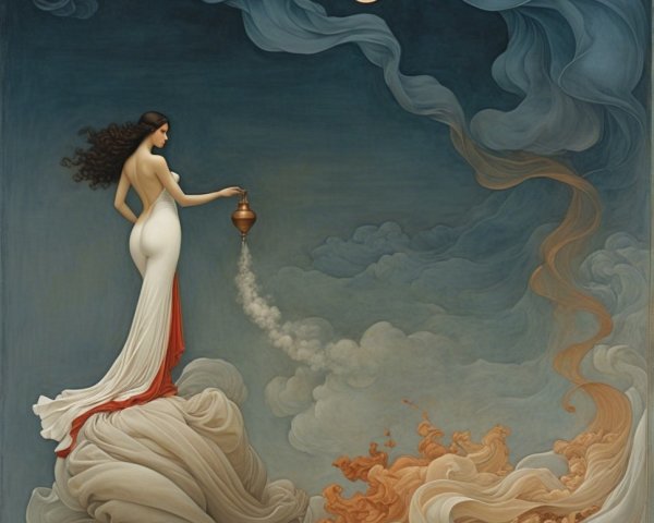 Ethereal Woman in White Gown on Billowy Cloud