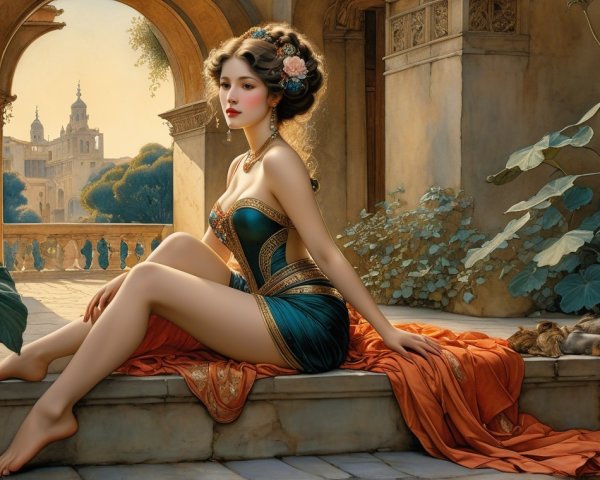 Elegant Woman in Turquoise Gown in Sunlit Archway