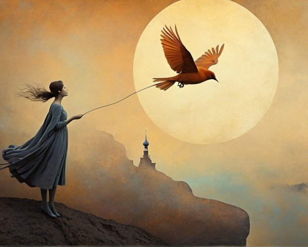 Young girl with orange bird under golden moonlight