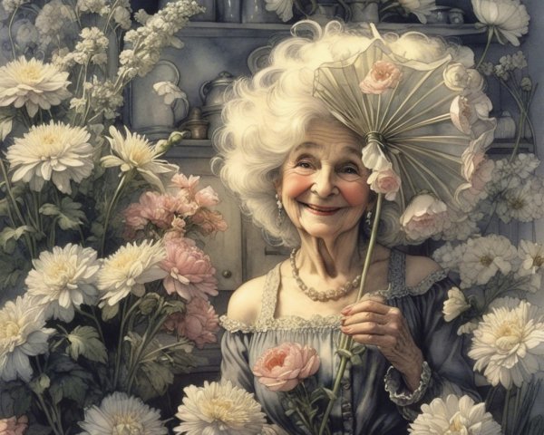 Elderly Woman in Lush Garden with Parasol and Flowers