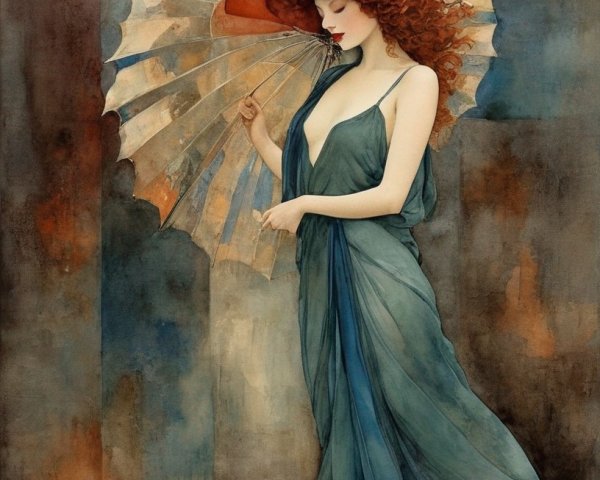 Stylized Painting of Woman in Blue Dress and Hat