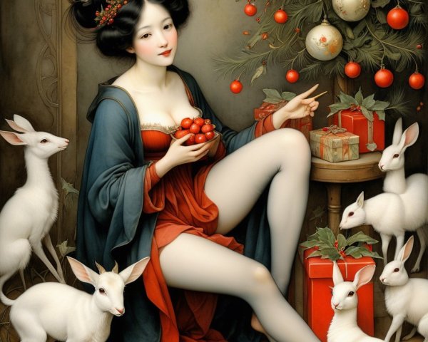 Whimsical Holiday Scene with Gifts and Rabbits