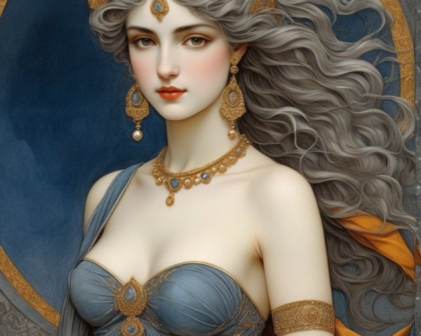 Illustration of a woman with grey hair and jewelry