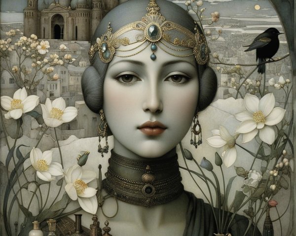 Ethereal Woman in Whimsical Landscape with Jewelry