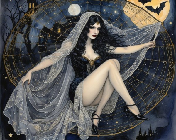 Mystical figure in a veil within a golden spider web