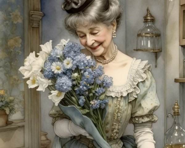 Elderly Woman in Vintage Gown with Flowers in Kitchen