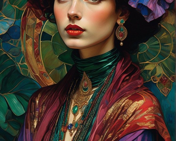 Detailed Artwork: Woman with Dark Hair in Colorful Ornate Outfit & Jewelry Against Vibrant